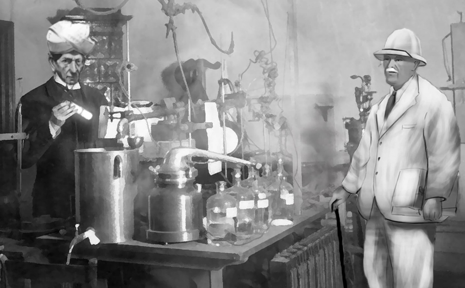 Alfred Chatterton and S.G. Shastry at the Mysore sandalwood oil distillery, c. 1916